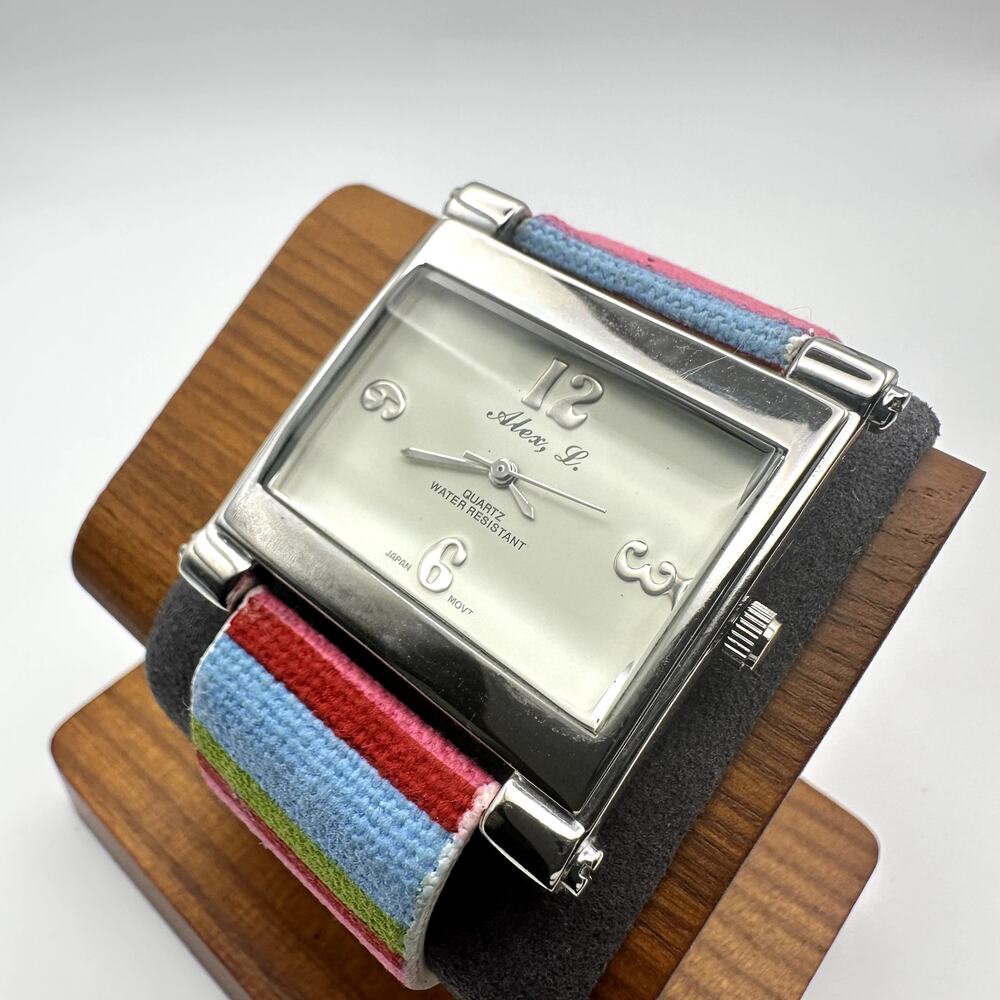Alex L. Rectangular Quartz Watch Silver Tone Case Colorful Striped Strap
